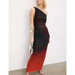 Misha Brown Mesh Maxi Dress SMALL Off Shoulder Ombre Ruched Designer Gown $440
